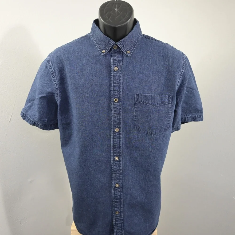 Banana Republic Button Up Men L Slim Fit Blue Short Sleeve Denim Pocket Shirt